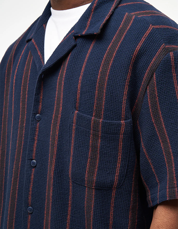 Brixton Bunker Waffle Stripe S/S Shirt - Washed Navy Stripe - Image 2