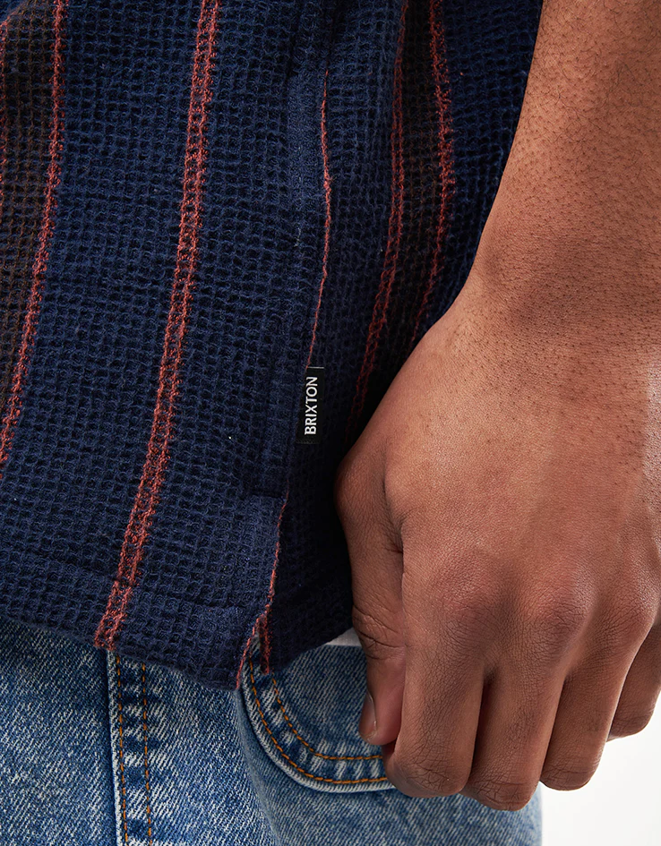 Brixton Bunker Waffle Stripe S/S Shirt - Washed Navy Stripe - Image 3