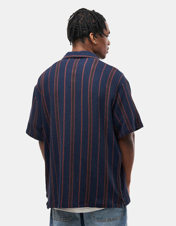 Brixton Bunker Waffle Stripe S/S Shirt - Washed Navy Stripe - Image 4