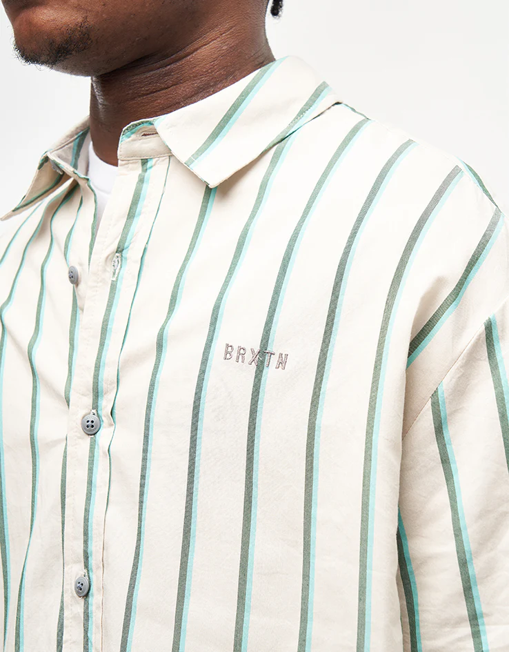 Brixton Cru Stripe S/S Shirt - Beige/Pine Needle/Aquatic Green - Image 2