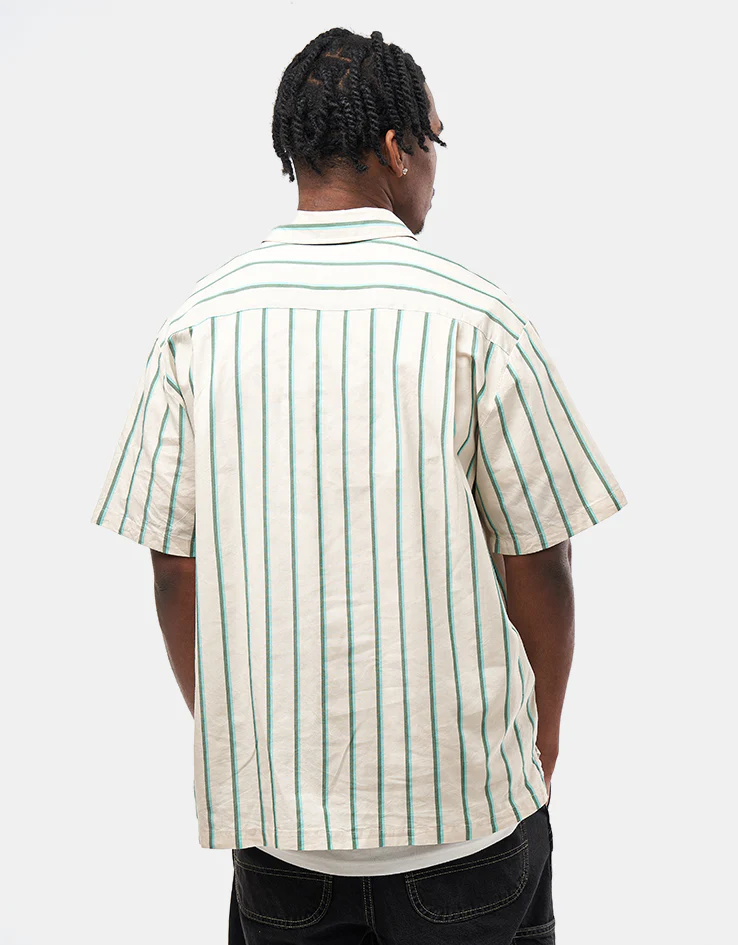 Brixton Cru Stripe S/S Shirt - Beige/Pine Needle/Aquatic Green - Image 3