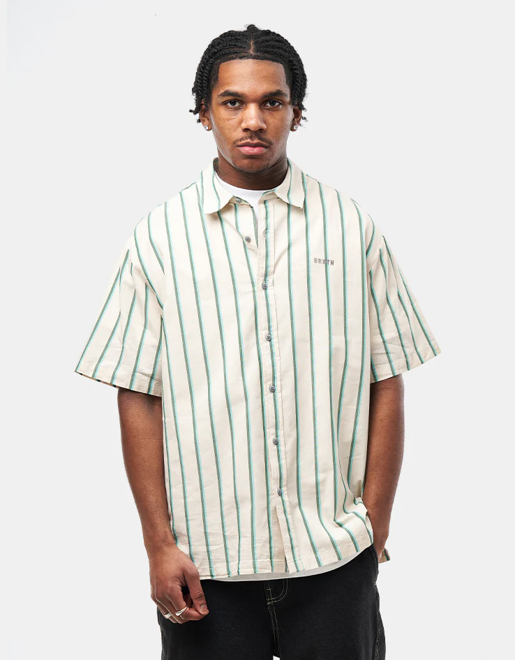 Brixton Cru Stripe S/S Shirt - Beige/Pine Needle/Aquatic Green - Image 4