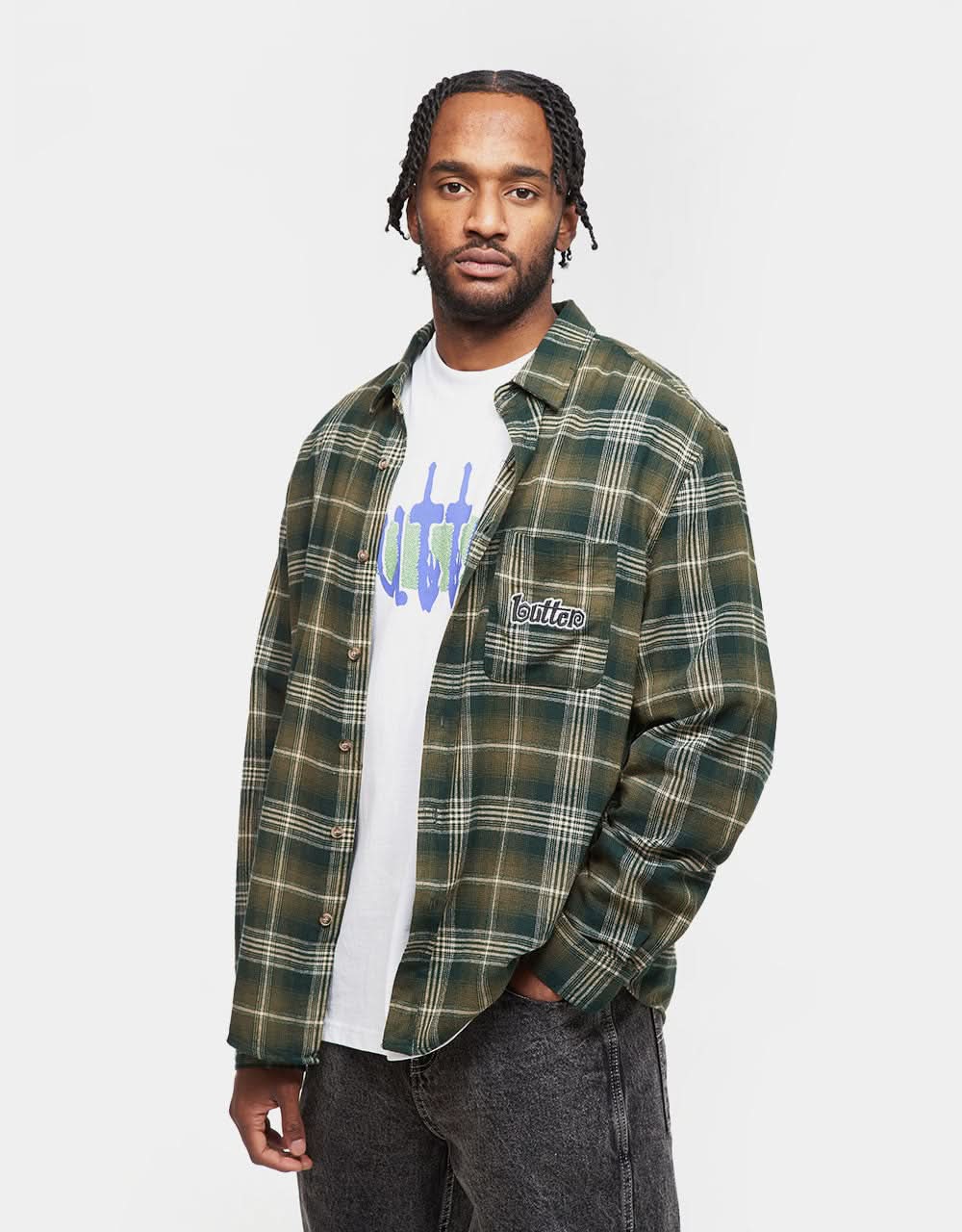 Butter Goods Swirl Plaid L/S Shirt - Green/White - Image 4
