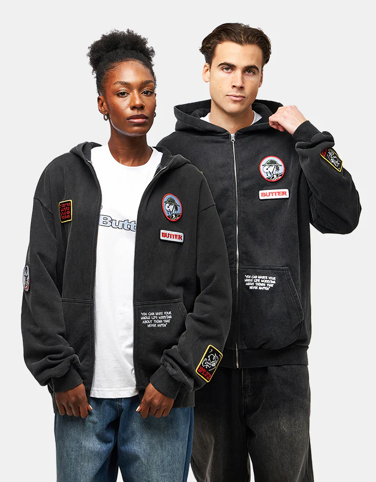 Butter Goods x Peanuts Patches Zip-Thru Hoodie - Washed Black
