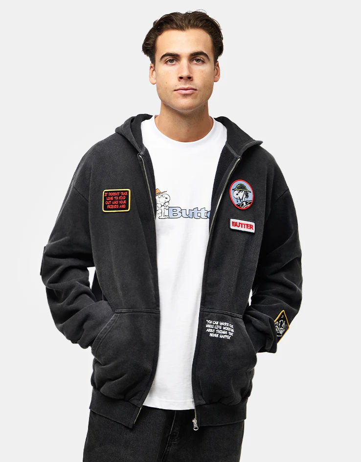 Butter Goods x Peanuts Patches Zip-Thru Hoodie - Washed Black - Image 3