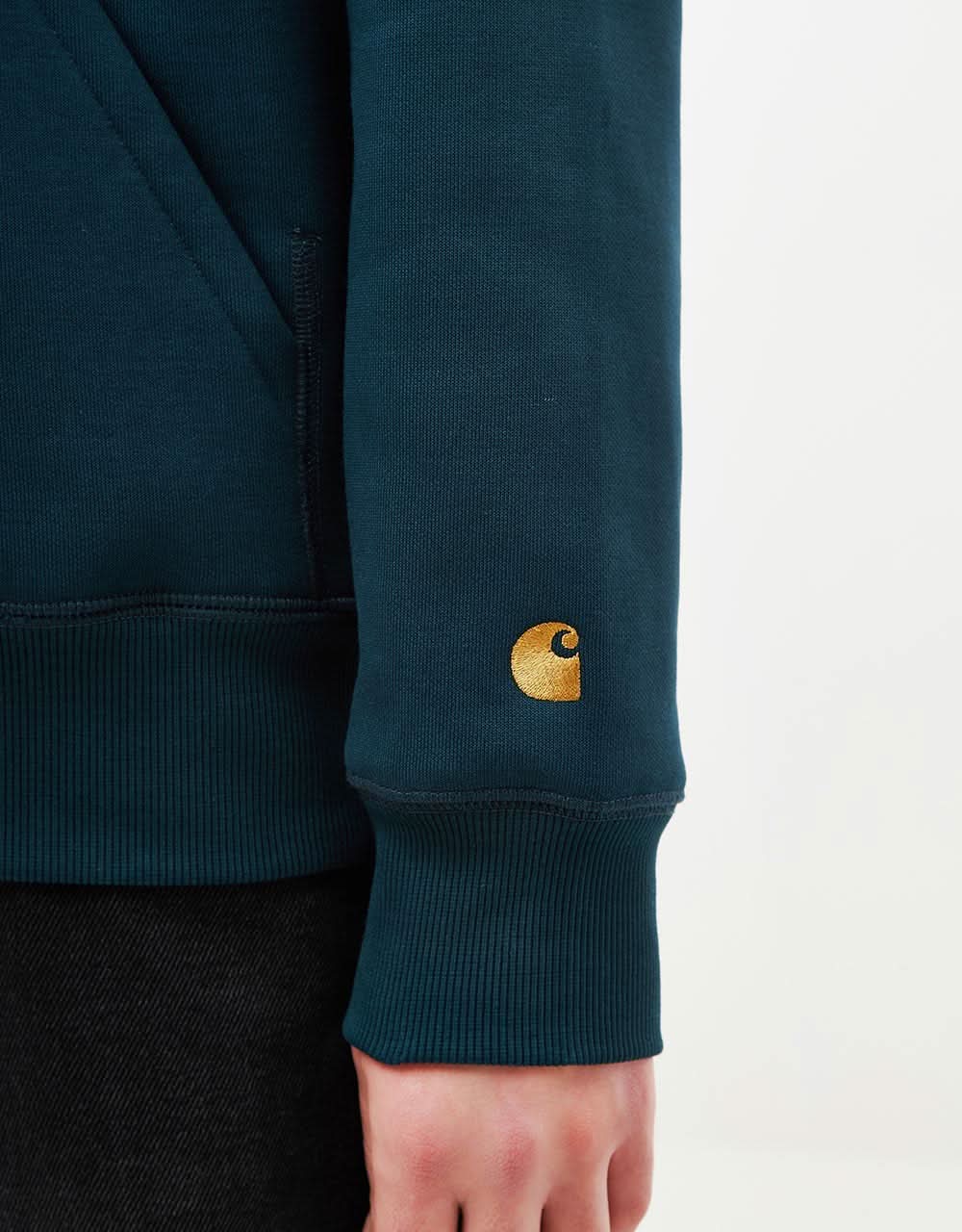 Carhartt WIP Hooded Chase Sweatshirt - Duck Blue/Gold - Image 3