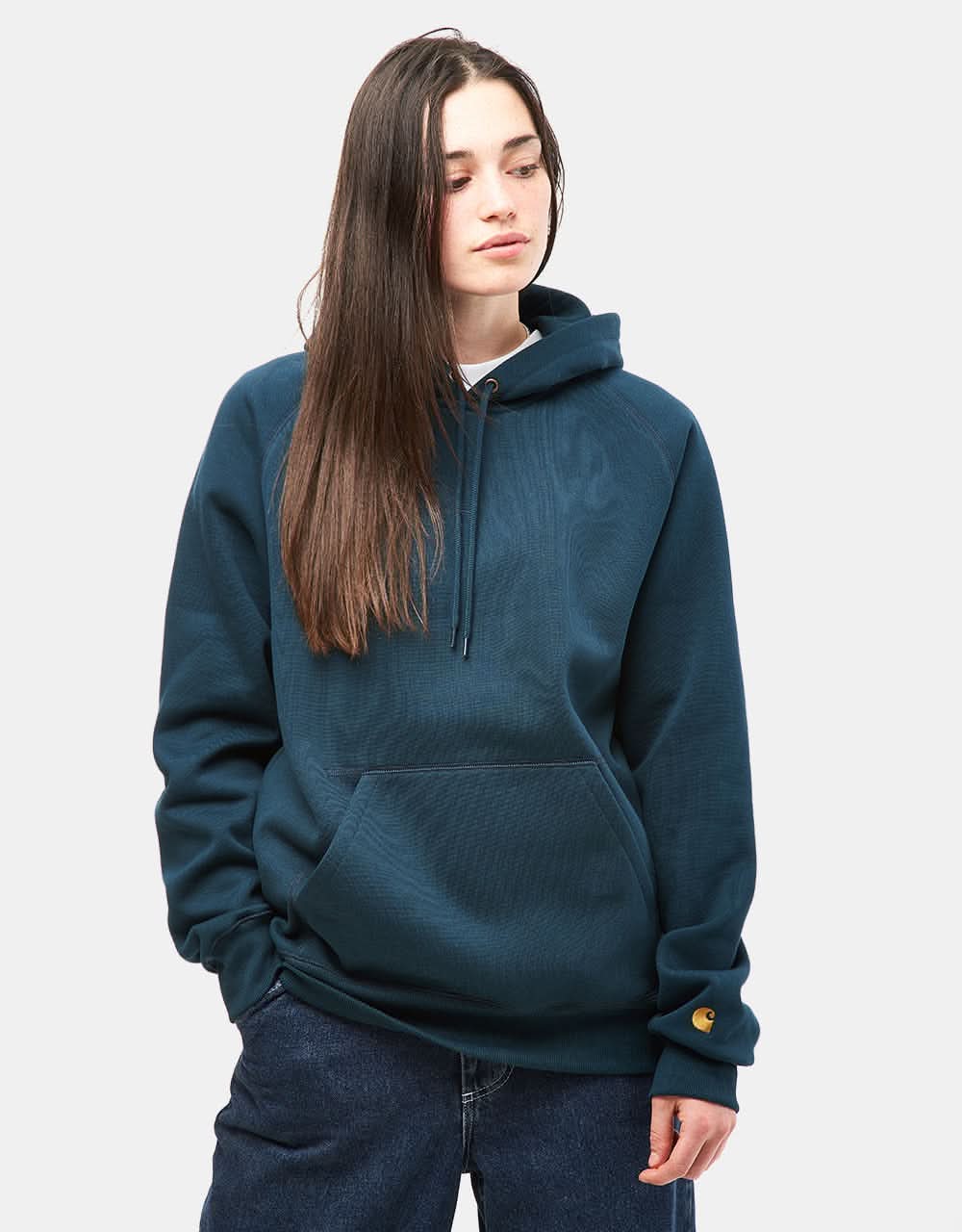 Carhartt WIP Hooded Chase Sweatshirt - Duck Blue/Gold - Image 5