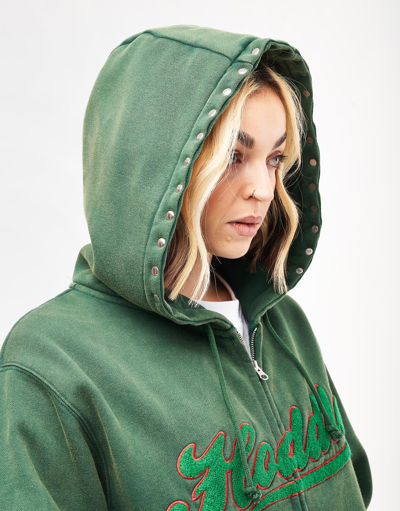 Hoddle Intarsia Script Zip Hoodie - Washed Green - Image 11