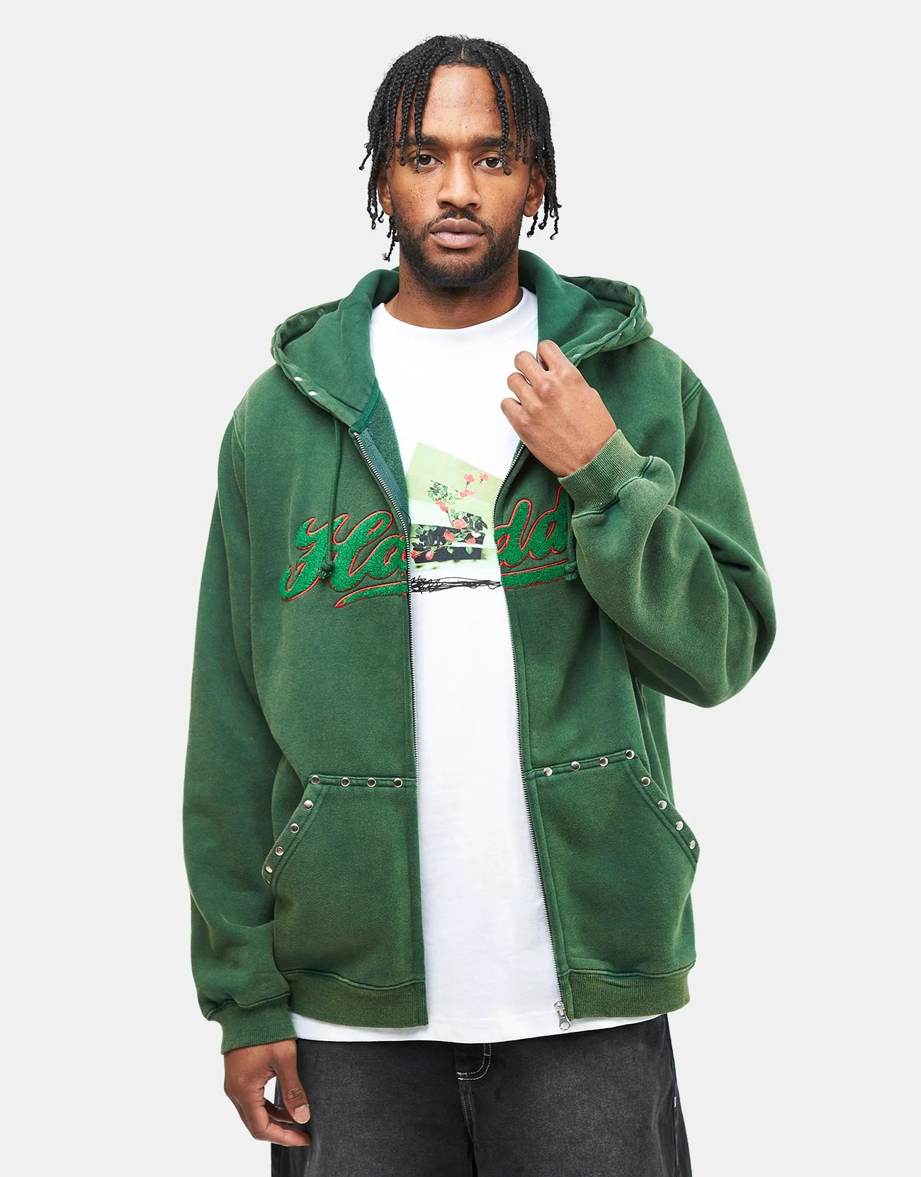 Hoddle Intarsia Script Zip Hoodie - Washed Green - Image 2