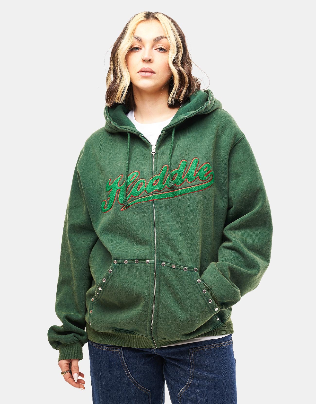 Hoddle Intarsia Script Zip Hoodie - Washed Green - Image 7