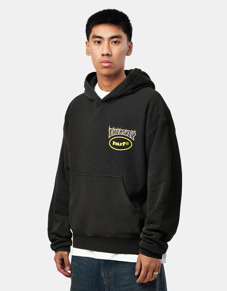 HUF x Thrasher Meltdown Heavyweight Hoodie - Washed Black - Image 2