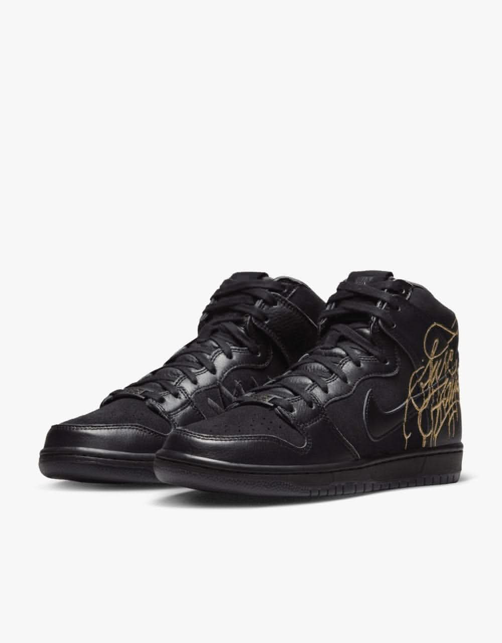 Nike SB 'Faust' Dunk High Pro QS Skate Shoes - Black/Black-Metallic Gold - Image 5