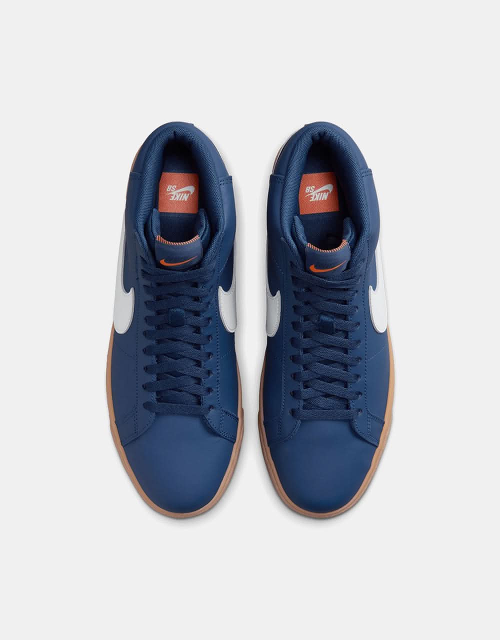 Nike SB Zoom Blazer Mid ISO Skate Shoes - Navy/White-Navy-Gum Lt Brown-Midnight Navy-Safety Orange - Image 5
