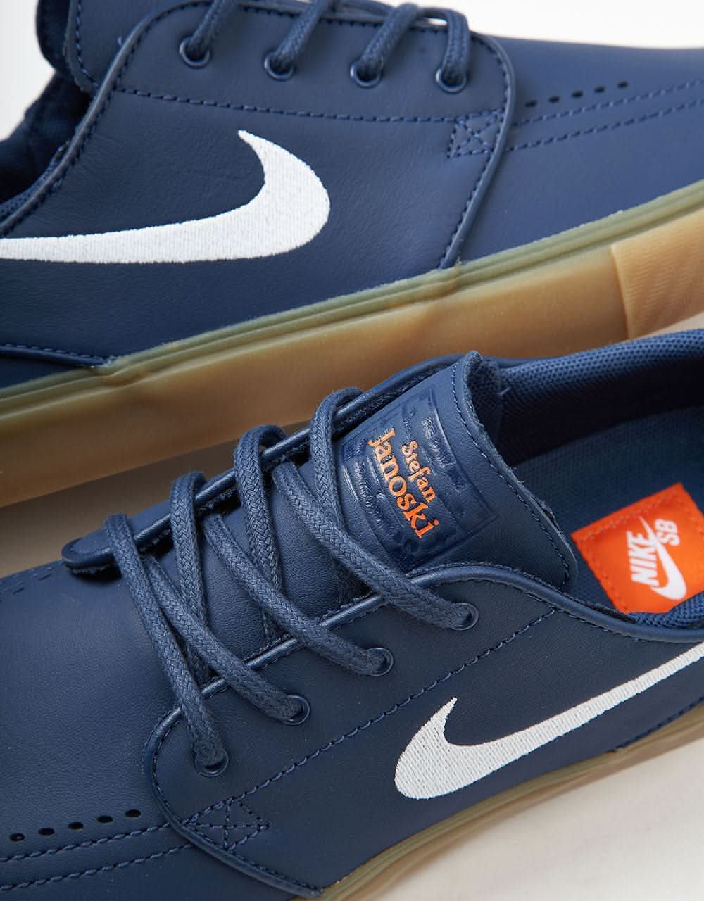Nike SB Zoom Janoski ISO Skate Shoes - Navy/White-Navy-Gum Lt Brown-Midnight Navy-Safety Orange - Image 5