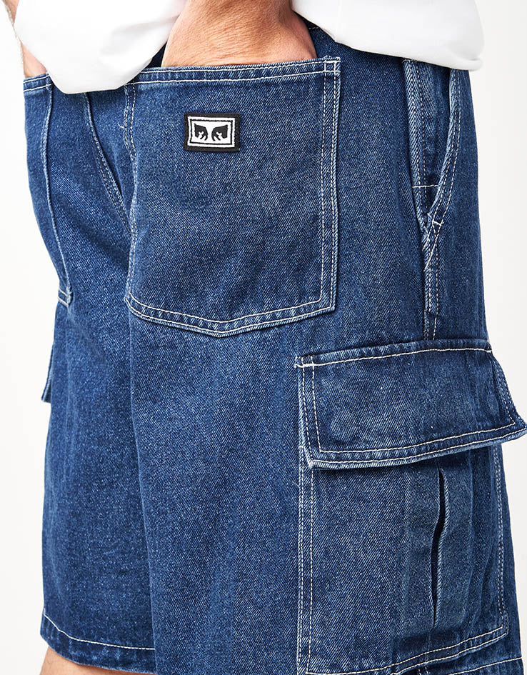 Obey Bigwig Baggy Denim Cargo Shorts - Stone Wash Indigo - Image 4