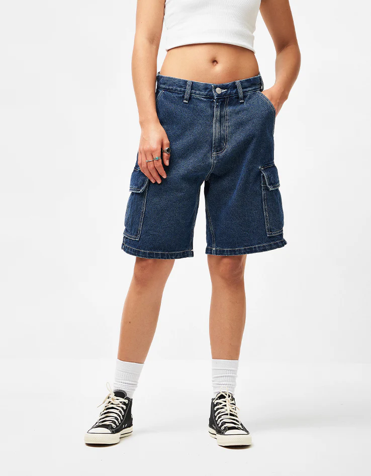 Obey Bigwig Baggy Denim Cargo Shorts - Stone Wash Indigo - Image 7