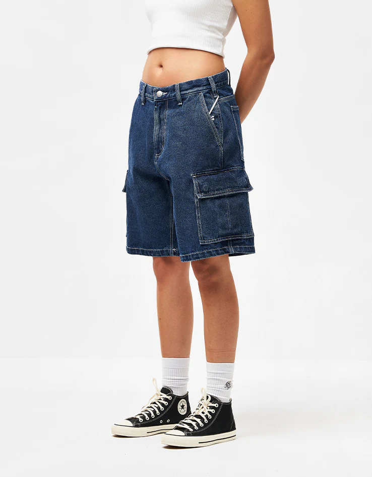 Obey Bigwig Baggy Denim Cargo Shorts - Stone Wash Indigo - Image 9