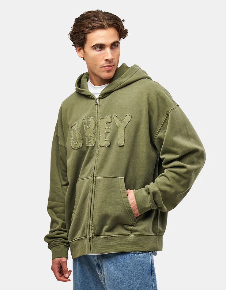 Obey Hybrid Faded Zip Hoodie - Deep Lichen Green Faded Wash - Image 2