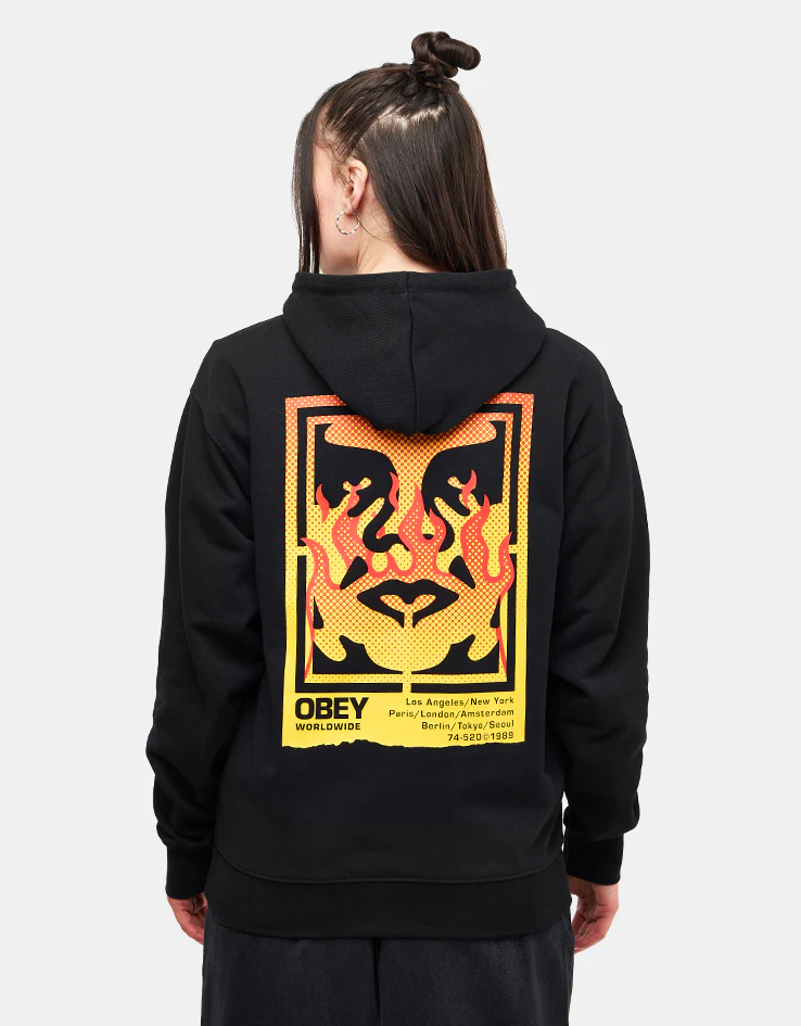 Obey Icon Stencil Flame Pullover Hoodie - Black - Image 7