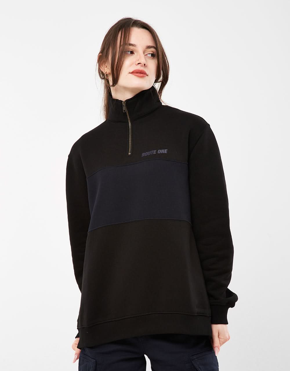 Route One Blocked 1/4 Zip Sweat - Black/Navy - Image 5