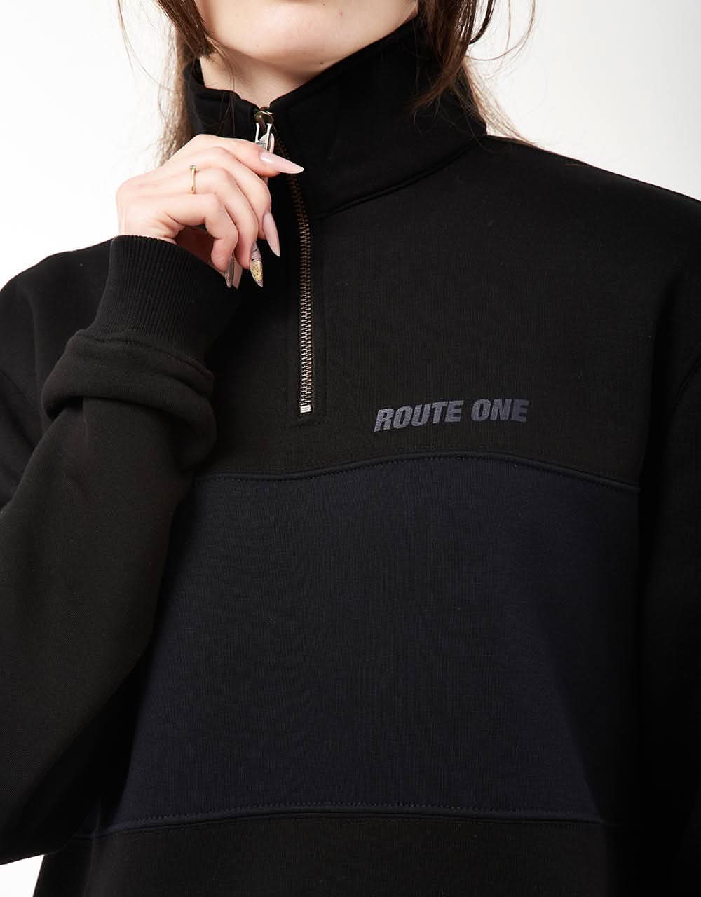 Route One Blocked 1/4 Zip Sweat - Black/Navy - Image 7