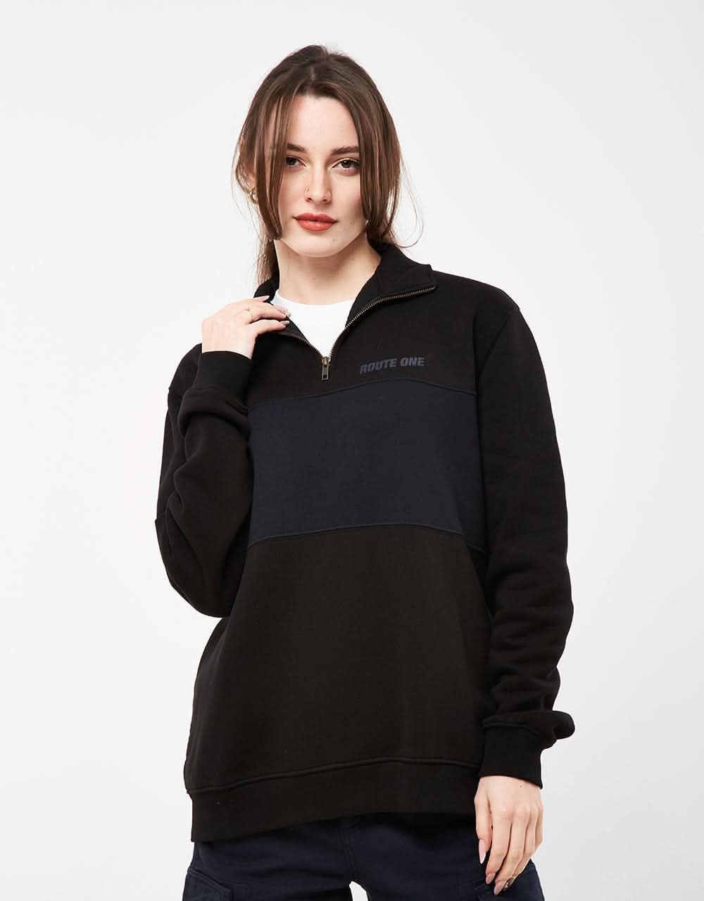 Route One Blocked 1/4 Zip Sweat - Black/Navy - Image 8