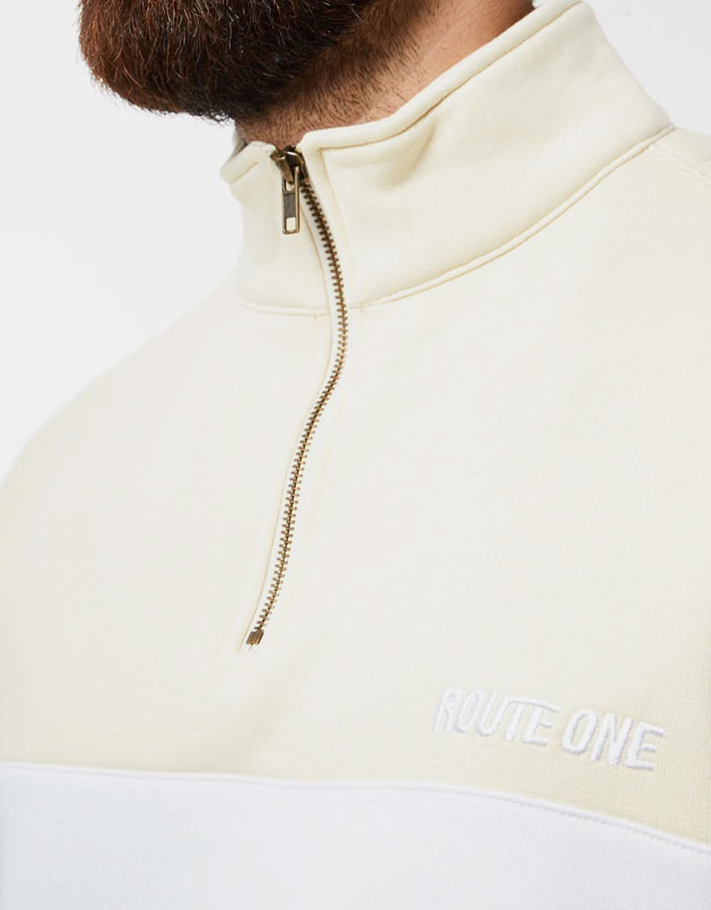 Route One Blocked 1/4 Zip Sweat - Cloud Cream/White - Image 3