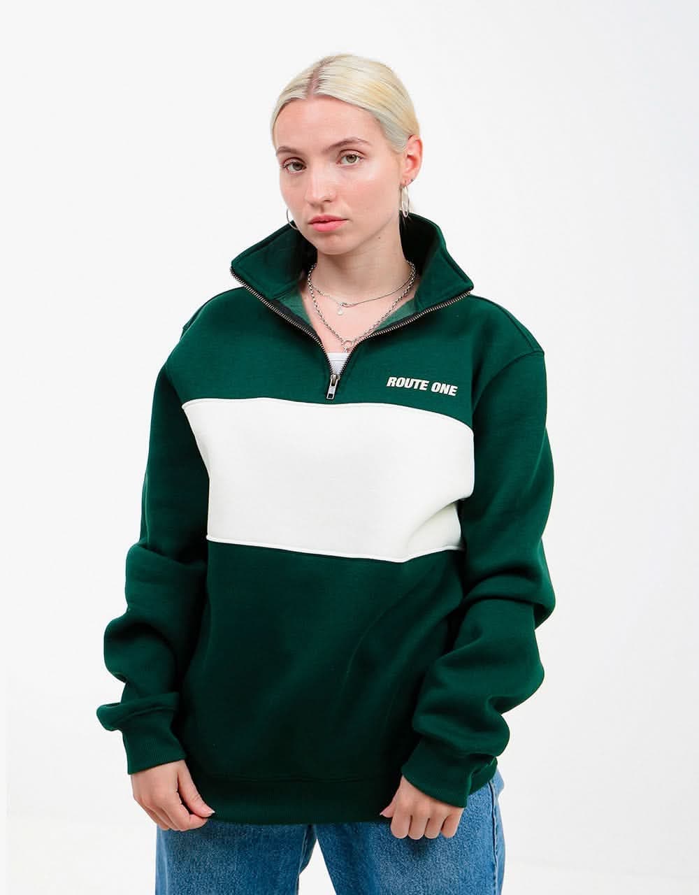 Route One Blocked 1/4 Zip Sweat - Forest Green/Stone - Image 9