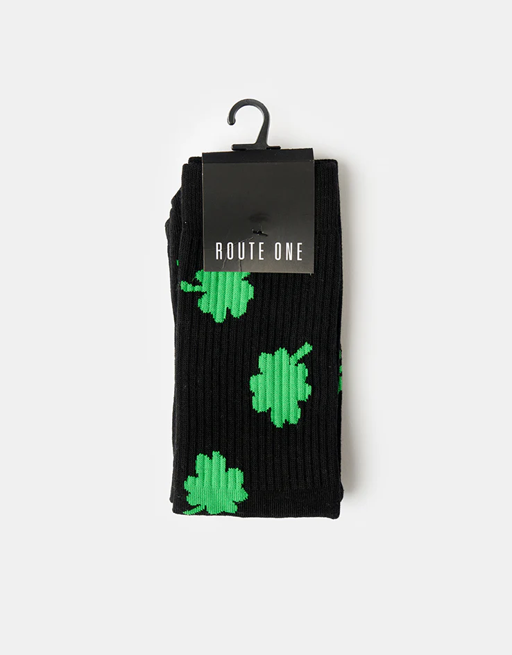 Route One Four Leaf Crew Socks - Black - Image 2