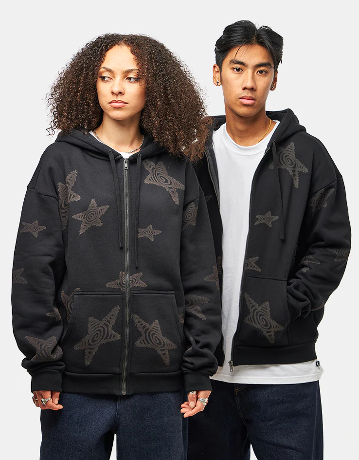 Route One Heavyweight Zip Hoodie (400gsm) - Stars (Black) - Image 9