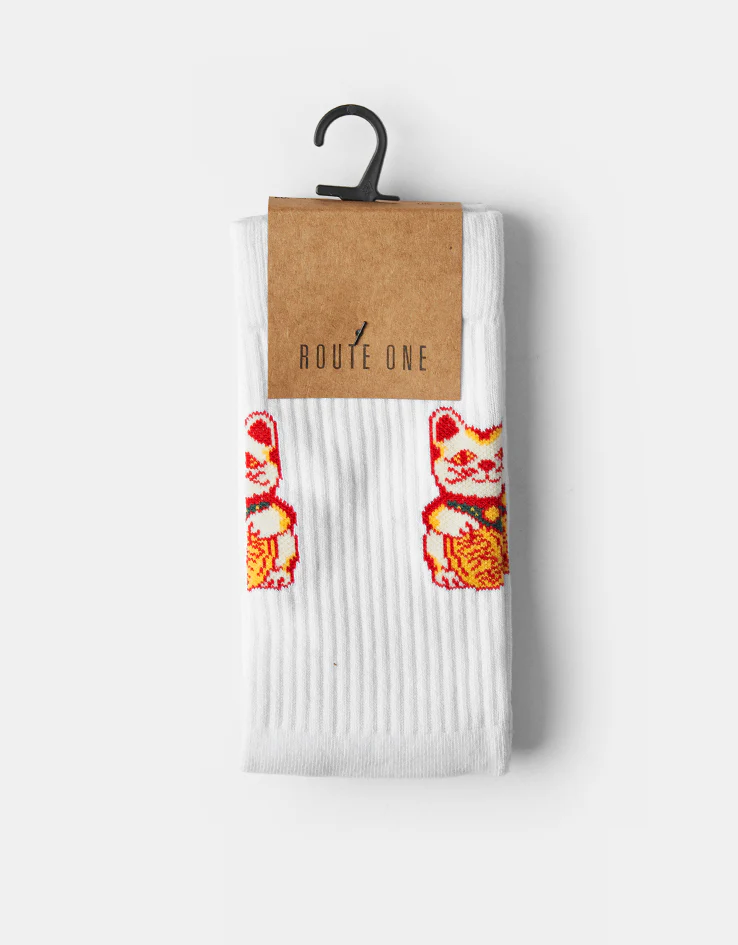 Route One Lucky Cat Crew Socks - White - Image 2