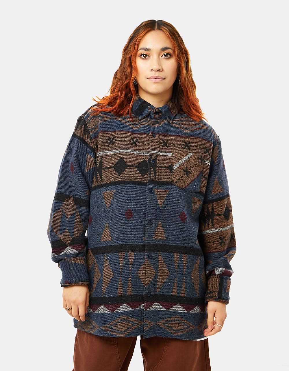 Route One Navajo Heavyweight Flannel Shirt - Imperial Blue/Brown - Image 11