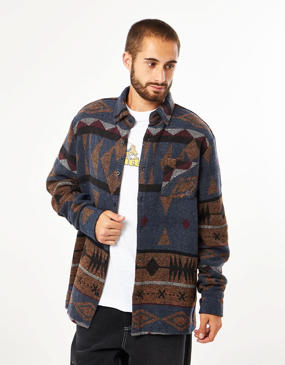 Route One Navajo Heavyweight Flannel Shirt - Imperial Blue/Brown - Image 6