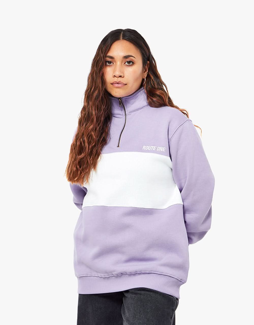 Route One Organic Blocked 1/4 Zip Sweat - Viola/Stone - Image 11
