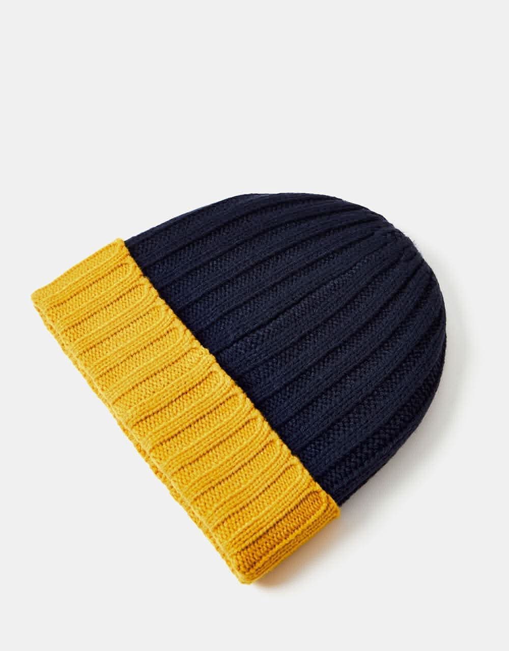 Route One Recycled Two Tone Ribbed Beanie - Navy/Sunflower - Image 3