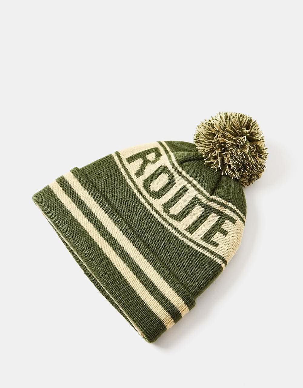 Route One Recycled Varsity Bobble Beanie - Olive/Ivory Cream - Image 3