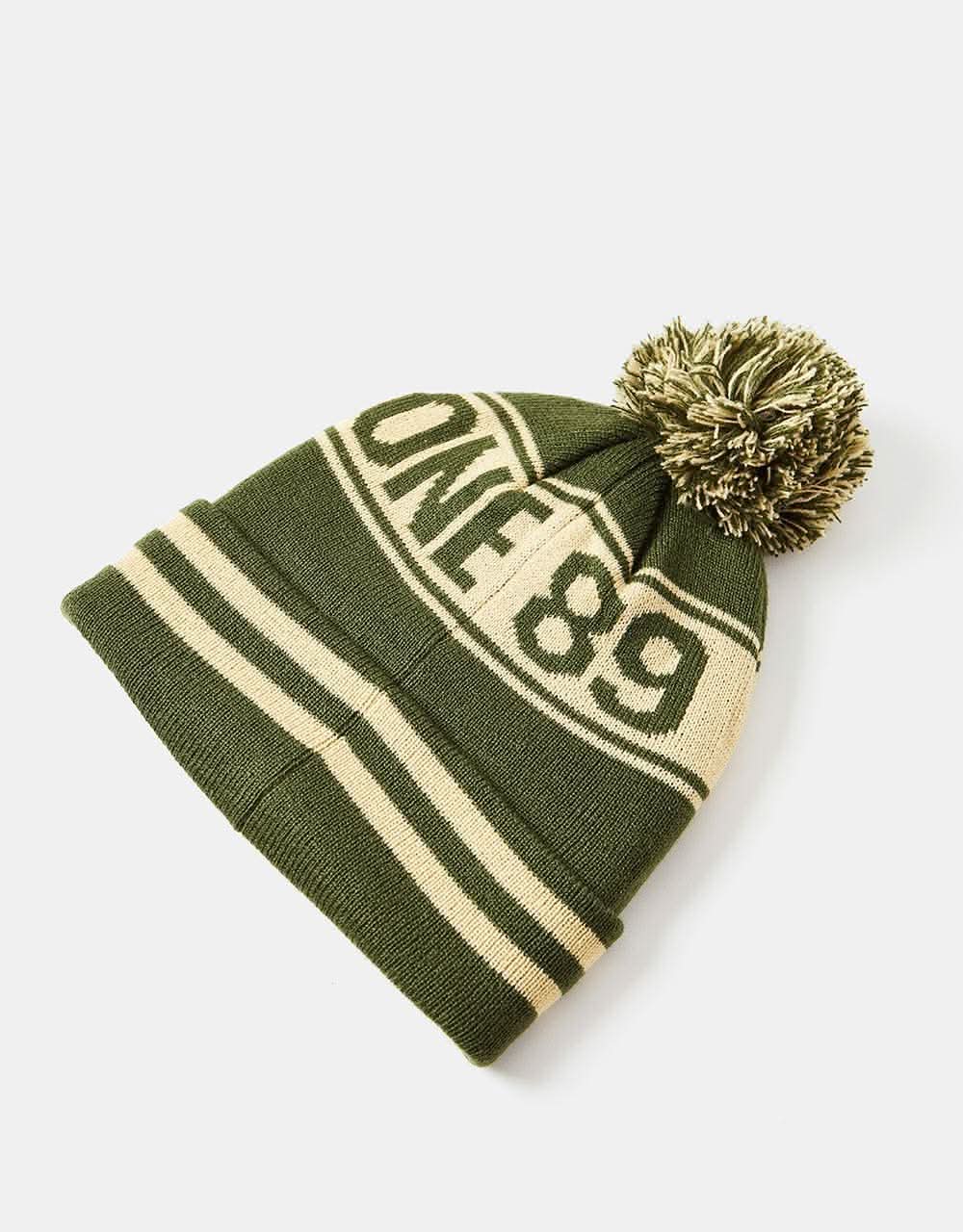 Route One Recycled Varsity Bobble Beanie - Olive/Ivory Cream - Image 4