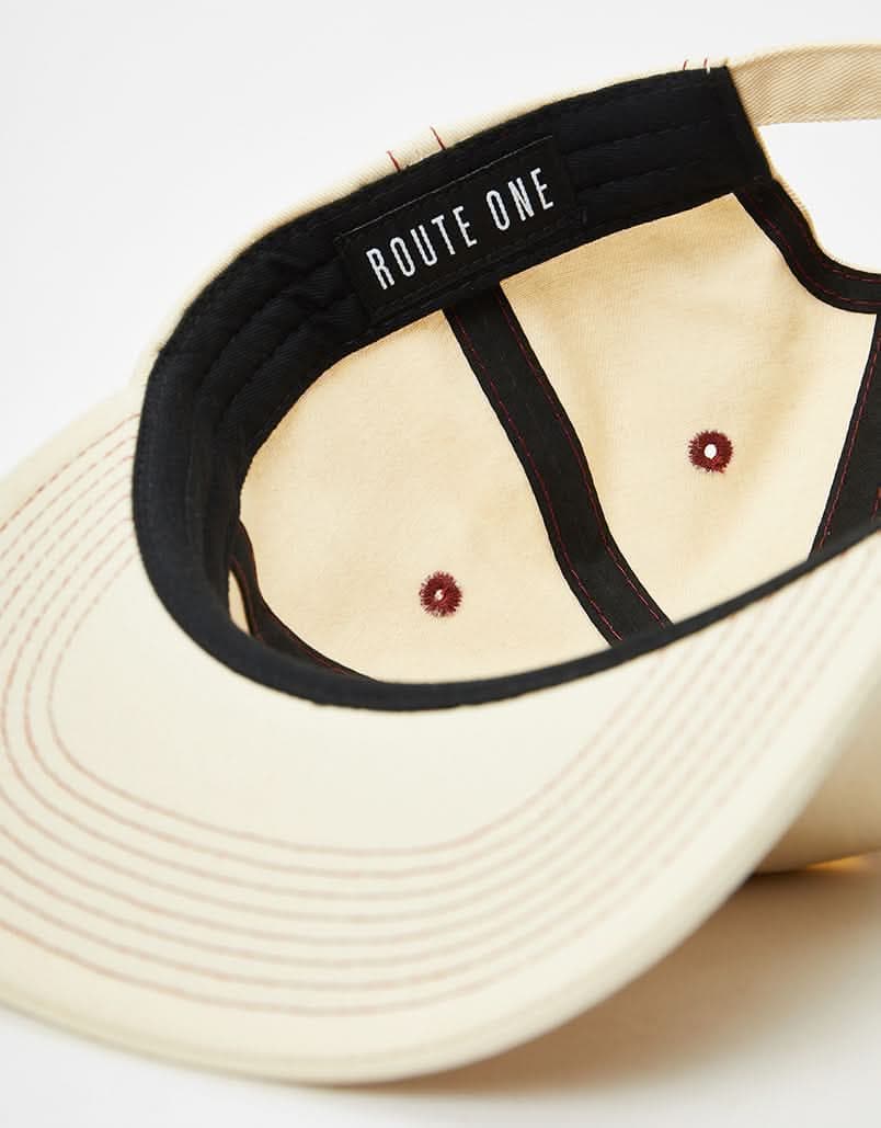 Route One Unstructured Contrast Stitch Strapback Cap - Natural/Burgundy - Image 4