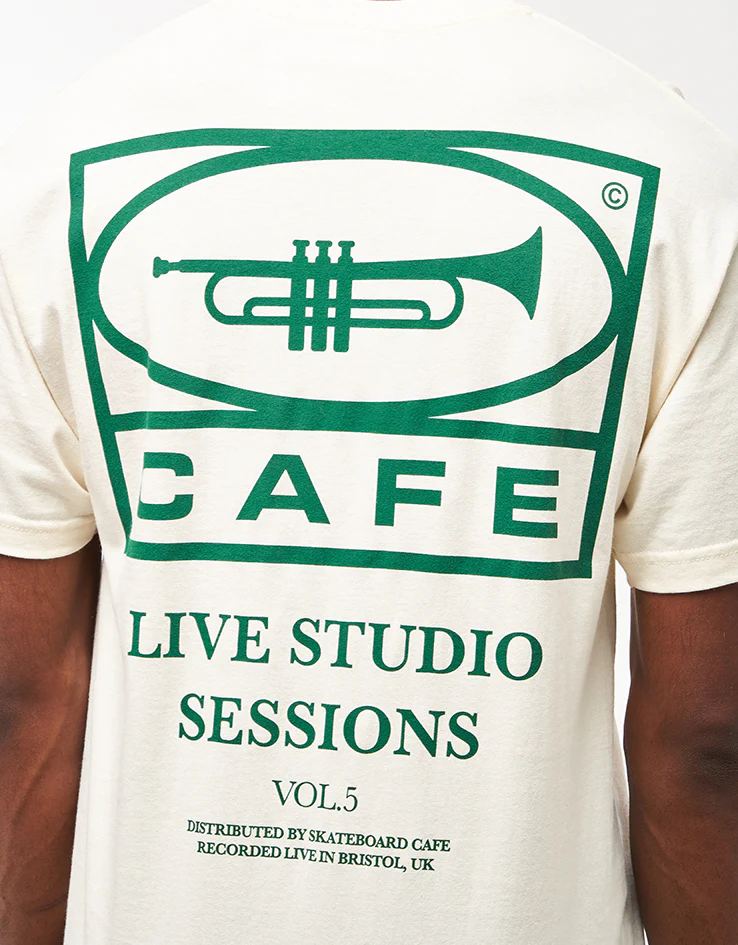 Skateboard Cafe 45 T-Shirt - Cream/Forest Green - Image 3