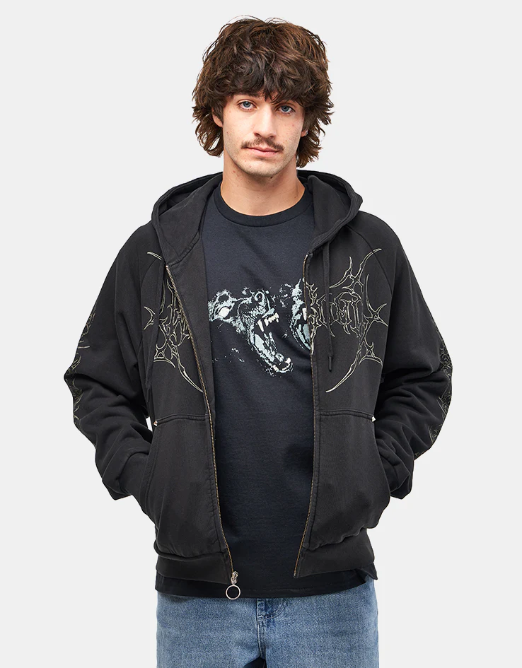 Welcome Grapple Cropped Pigment-Dyed Zip Hoodie - Black (Metal Studs) - Image 3