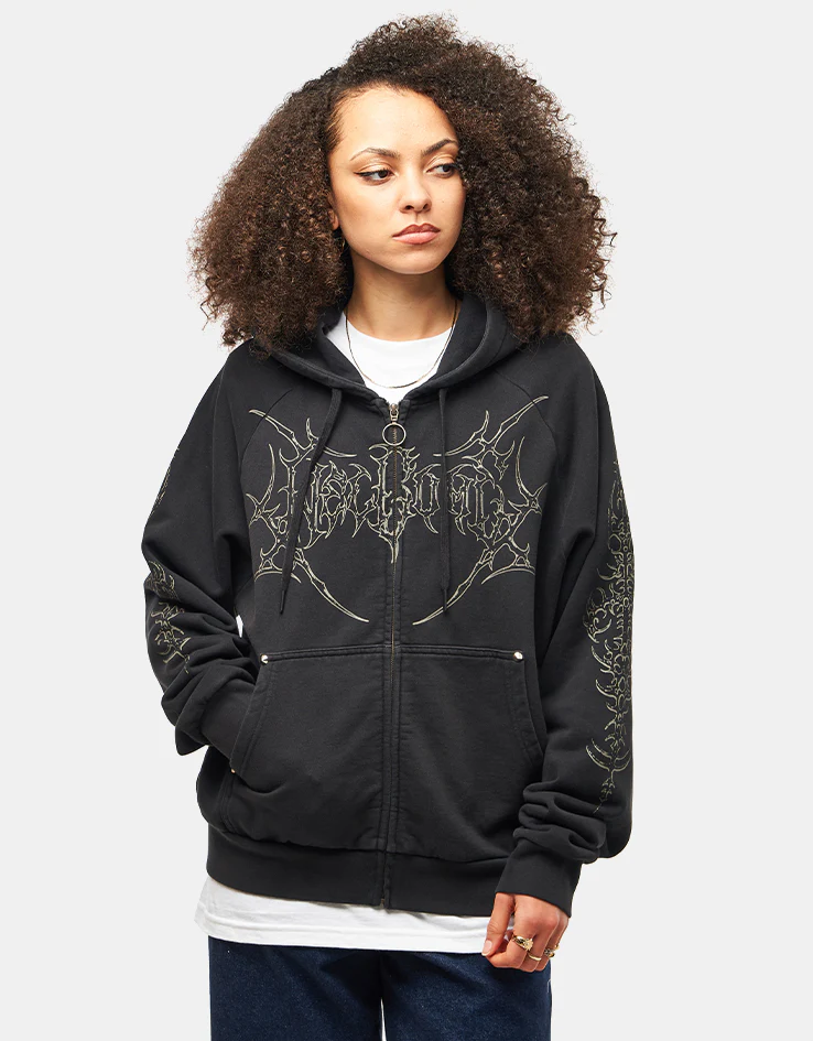 Welcome Grapple Cropped Pigment-Dyed Zip Hoodie - Black (Metal Studs) - Image 8