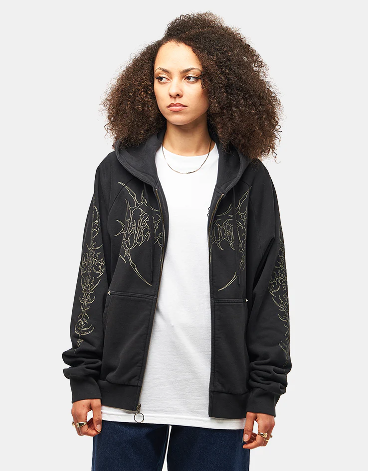 Welcome Grapple Cropped Pigment-Dyed Zip Hoodie - Black (Metal Studs) - Image 9